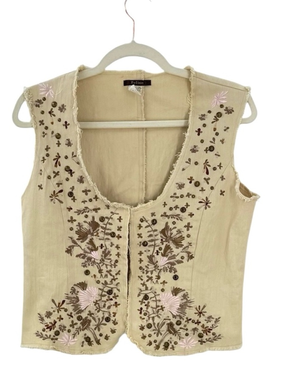 Vintage Feline Embroidered Cotton Boho Vest Beige Floral Studded Open Front Top